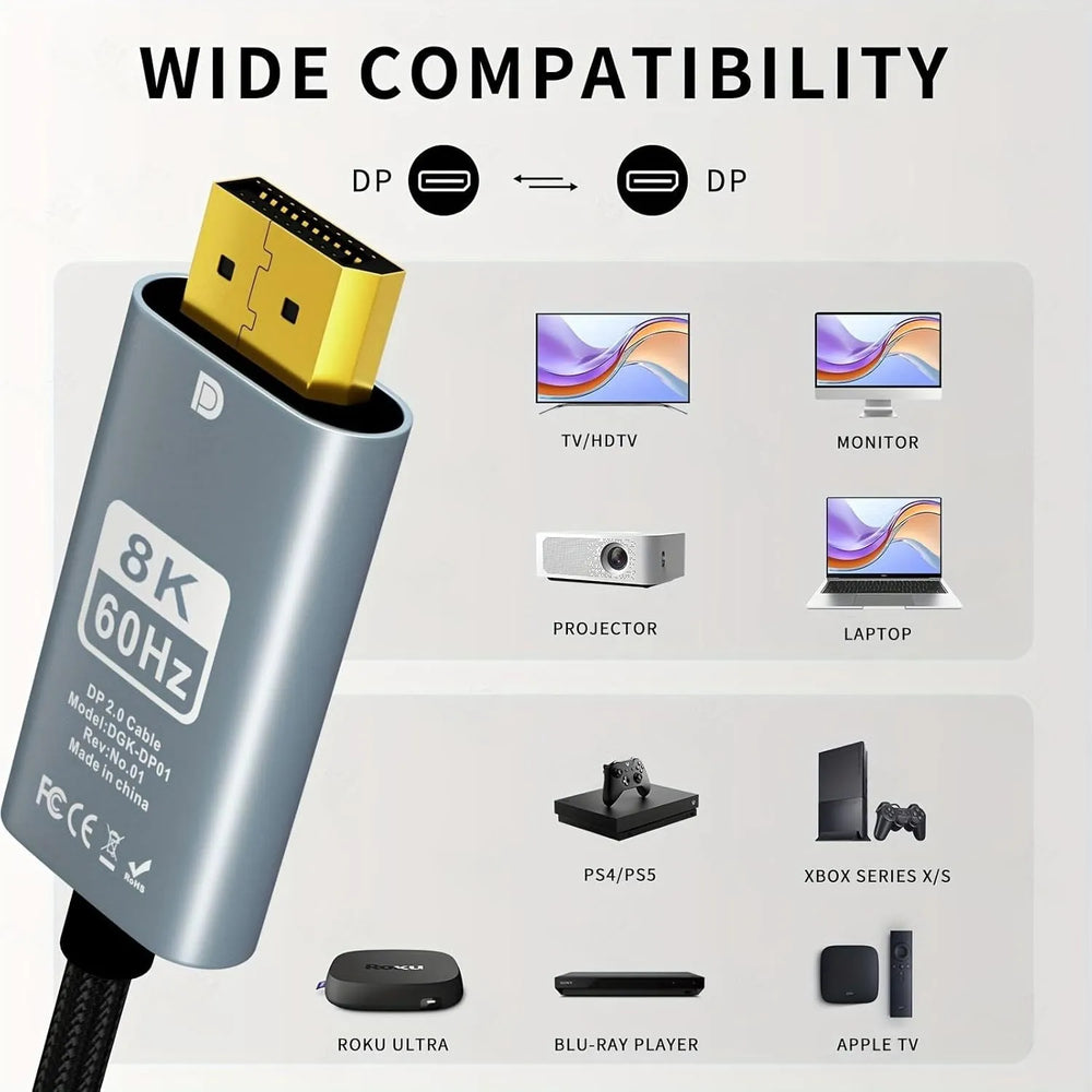 DisplayPort naar DisplayPort Kabel 2 Meter – 8K 60Hz – DP 1.4 High Speed Kabel – HDR