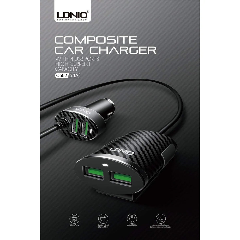 LDNIO C502 4-Poorts USB Autolader 5.1A met Verlengkabel voor Voor- en Achterbank-Ilumina Benelux