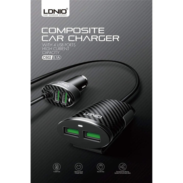 LDNIO C502 4-Poorts USB Autolader 5.1A met Verlengkabel voor Voor- en Achterbank-Ilumina Benelux