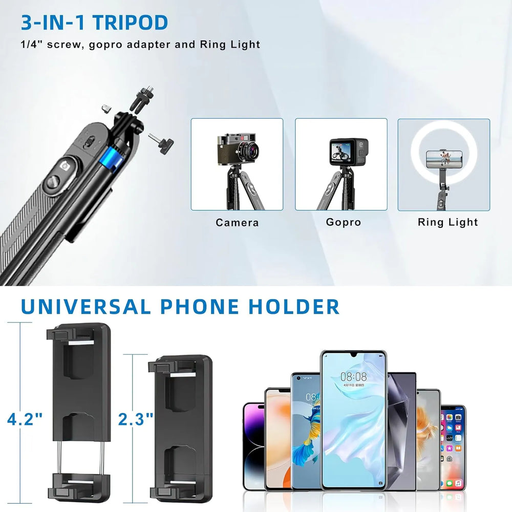 Selfie Stick & Statief met Afstandsbediening – 180 cm Uitschuifbaar – 3-in-1 Telefoonhouder – Geschikt voor iPhone, Android, Camera & GoPro – Zwart
