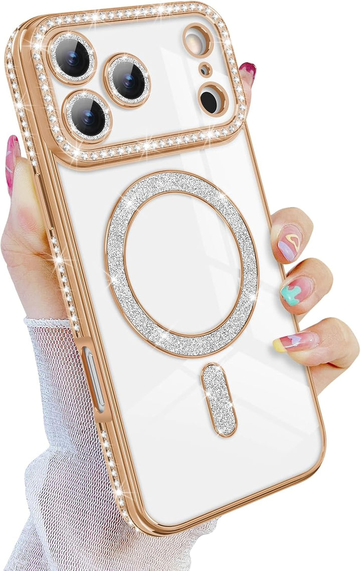 iPhone 17 Pro Hoesjes – MagSafe Glitter Backcover – Diamantjes – Glamour – Goud-Ilumina Benelux