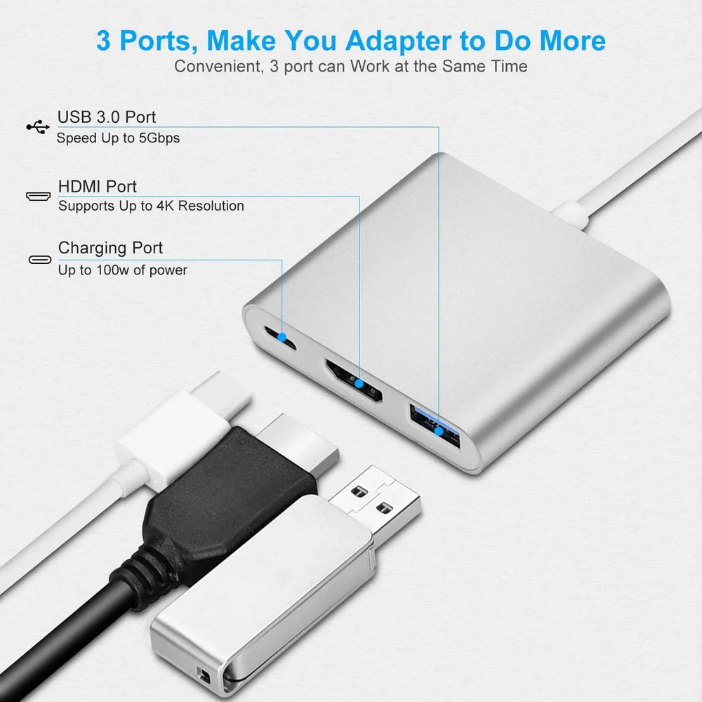 USB-C Hub 3-in-1 Adapter – USB-C naar HDMI 4K, USB 3.0 en 100W Power Delivery – Geschikt voor MacBook, Windows Laptop, Chromebook, Tablet en Smartphone