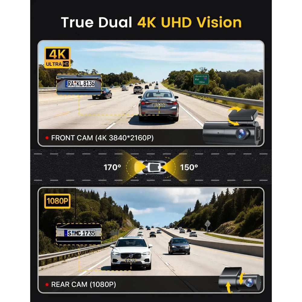 4K Dashcam Voor & Achter met WiFi – 2.5K + 1080P Auto Camera – Nachtzicht – Parkeermodus – 170° Groothoek
