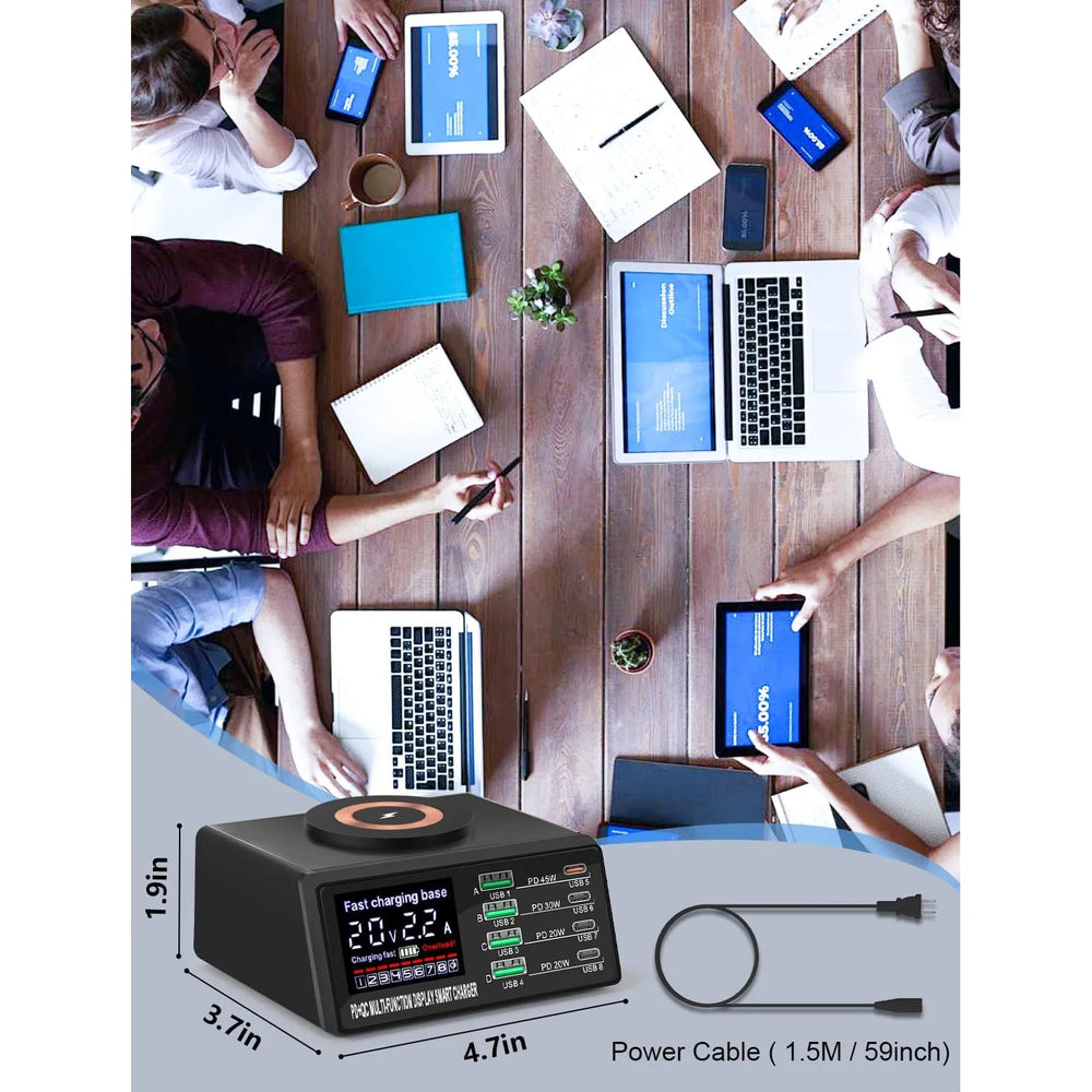110W USB Oplaadstation 8 Poorten – Multi USB Snellader met Digitaal Display & Draadloos Opladen – Geschikt voor iPhone, Samsung, iPad, Tablets, Speakers en Meer