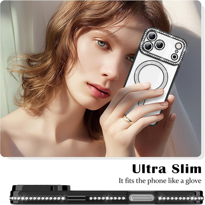 iPhone 17 Pro Hoesjes – MagSafe Glitter Backcover – Diamantjes – Glamour – Zwart-Ilumina Benelux