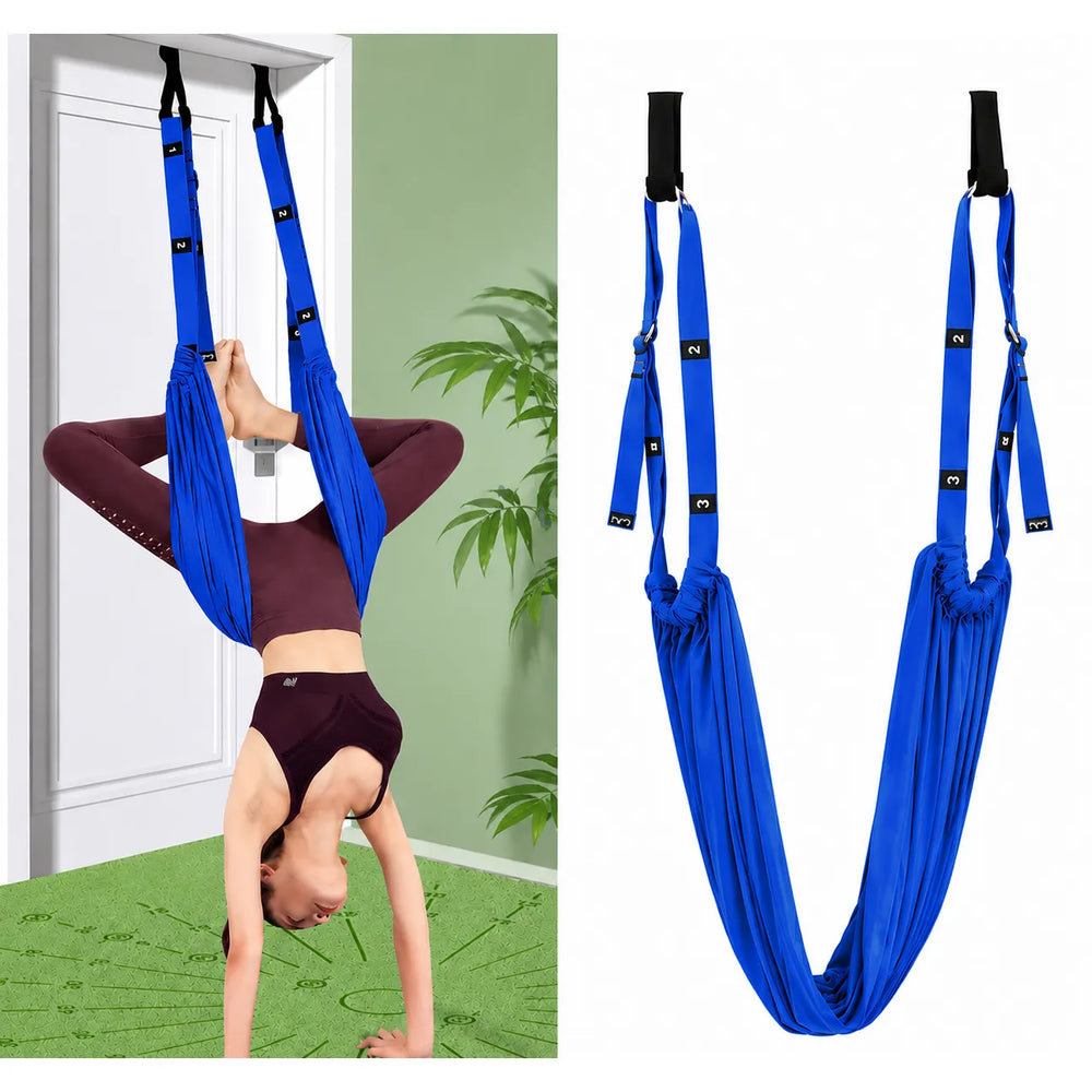 Yoga Hangmat met Deuranker – Stretchband voor Yoga, Pilates & Fitness – Aerial Yoga Trainer – Verstelbare Yogariem – Blauw-Ilumina Benelux