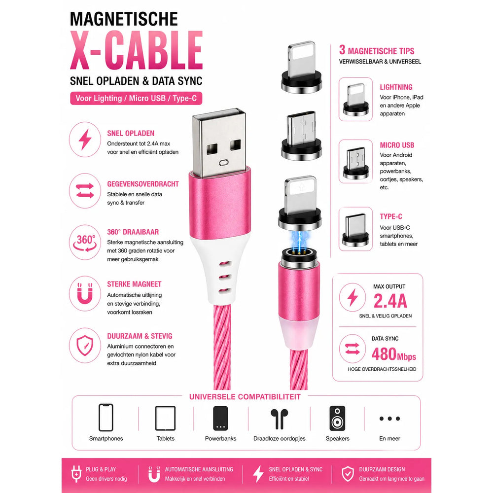 360° Magnetische Oplaadkabel – USB-A naar Lightning / Micro USB / USB-C – Magnetische Fast Charge Datakabel – Roze-Ilumina Benelux