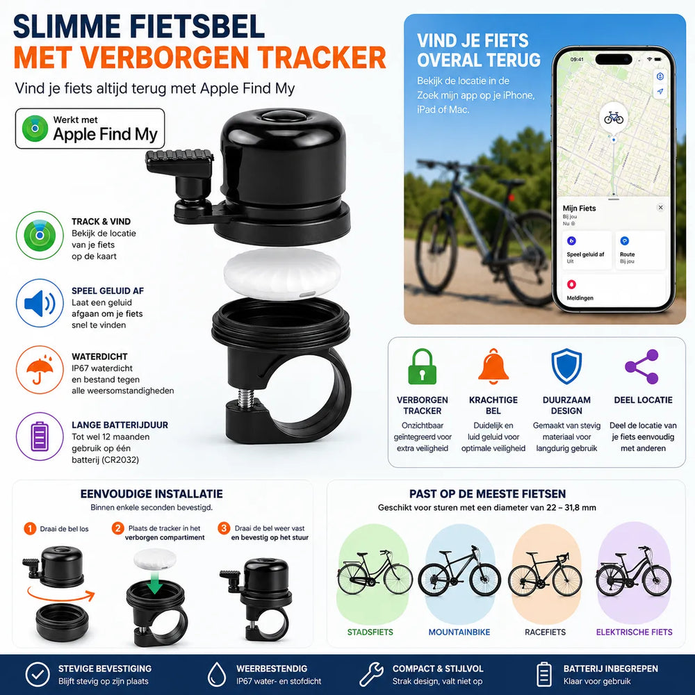 Slimme Fietsbel met Verborgen Tracker – Werkt met Apple Zoek Mijn (Find My) – Waterdicht IP67 – Anti-Diefstal Fiets Tracker