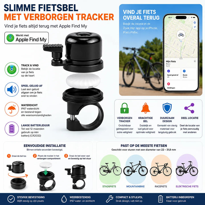 Slimme Fietsbel met Verborgen Tracker – Werkt met Apple Zoek Mijn (Find My) – Waterdicht IP67 – Anti-Diefstal Fiets Tracker-Ilumina Benelux