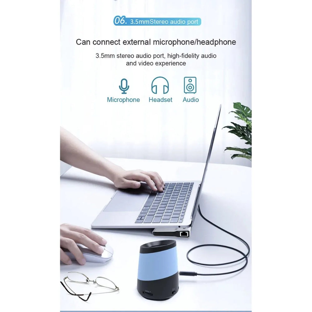 12-in-1 USB-C Hub Adapter met Laptopstandaard – Dual HDMI 4K, VGA, Gigabit Ethernet, 100W Power Delivery, USB 3.0, SD & Micro SD Kaartlezer – Space Grey