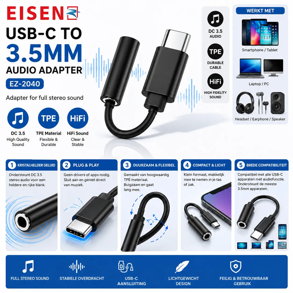 USB-C naar 3.5mm Jack Adapter – AUX naar USB-C – Audio Dongle met Microfoon Ondersteuning – Bellen & Muziek – Aluminium Behuizing – Nylon Kabel – Zwart-Ilumina Benelux