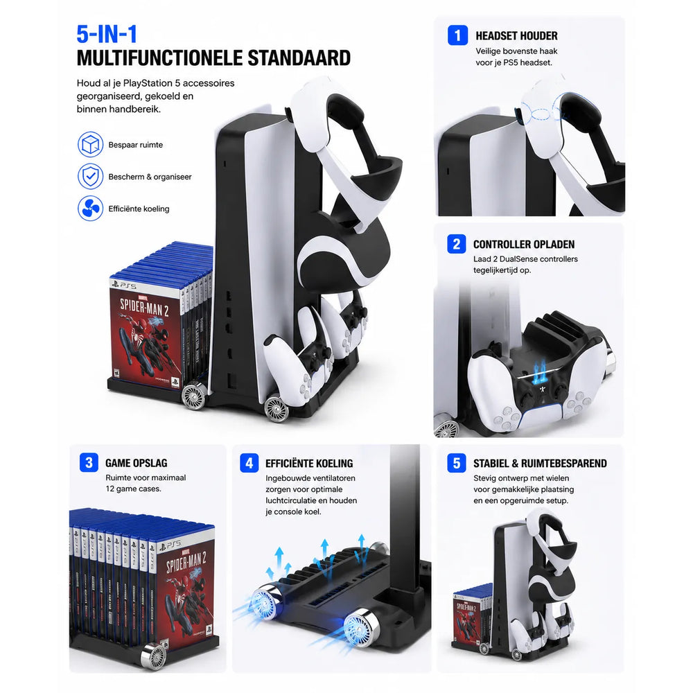 PS5 Opbergstation - Standaard met Koelventilatie - Oplaadstation voor DualSense - Games & Headset Houder-Ilumina Benelux