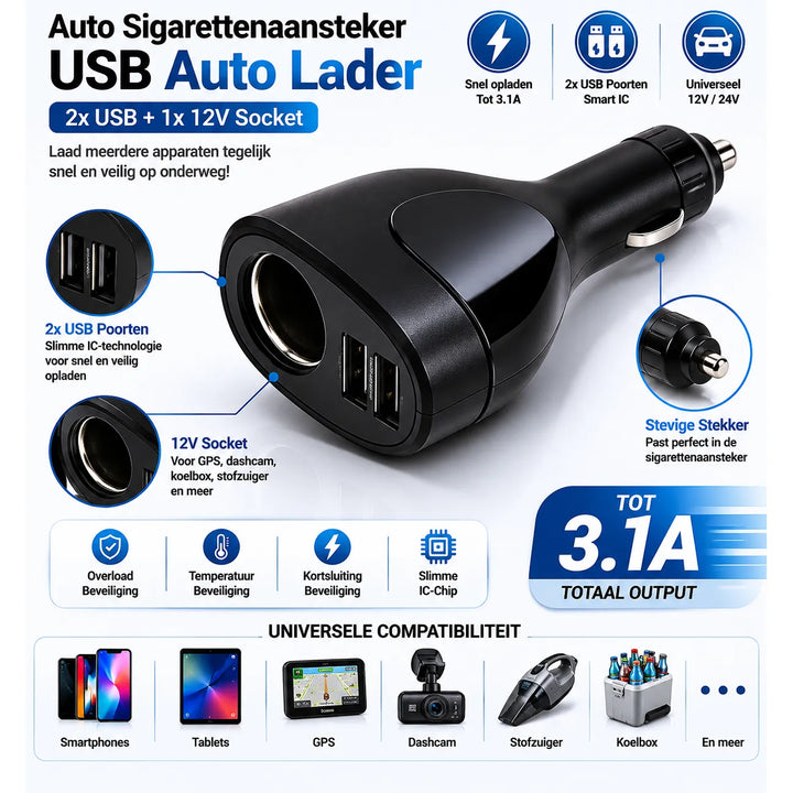 Auto Oplader – Sigarettenaansteker met Dual USB Autolader – 3.1A – Zwart-Ilumina Benelux