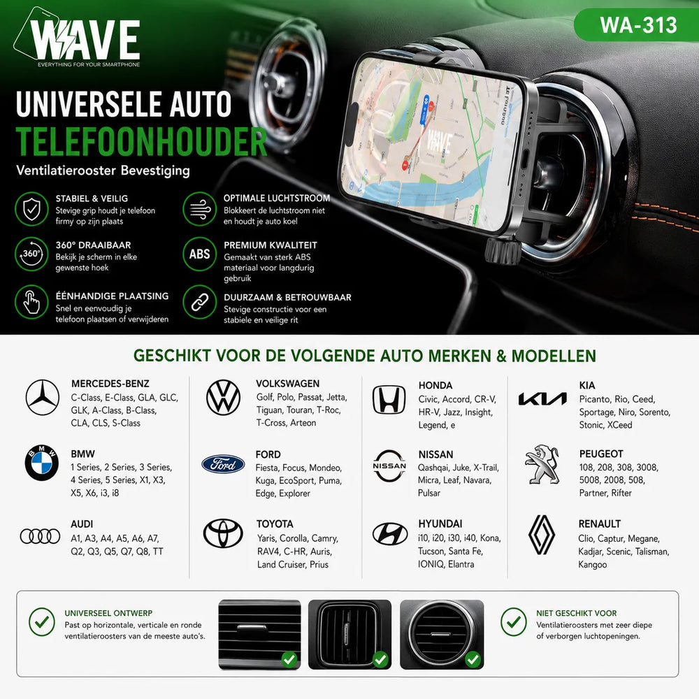 Universele Auto Telefoonhouder voor Ronde Ventilatieroosters – Mercedes-Benz, Audi, BMW & Volkswagen
