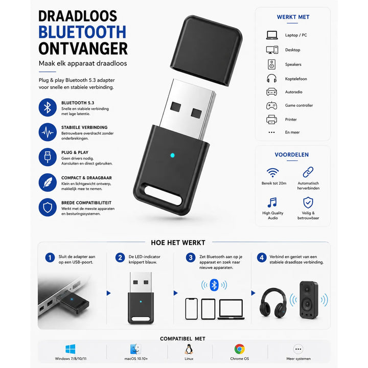 Bluetooth 5.3 USB Adapter – Transmitter & Receiver – 2-in-1 Bluetooth Dongle voor PC, TV, Laptop, Auto & Audioapparatuur – Windows-Ilumina Benelux
