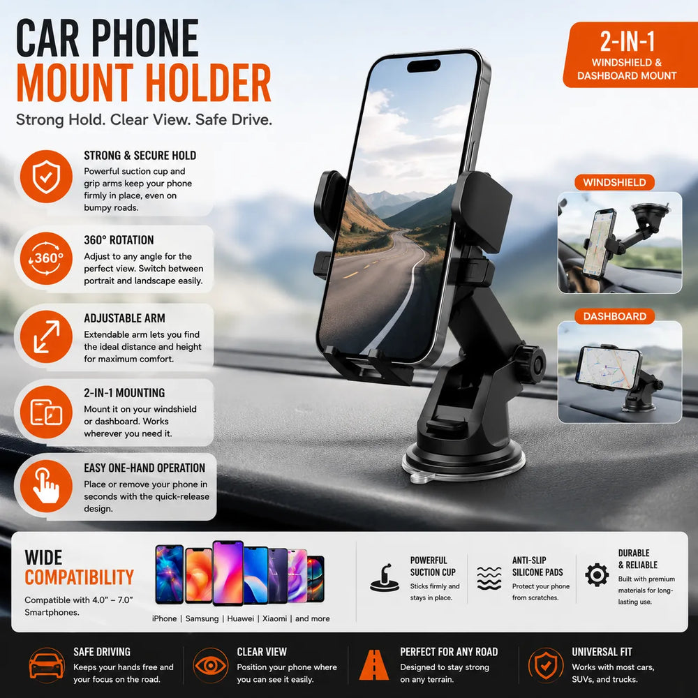 Auto Telefoonhouder met Zuignap – Dashboard & Voorruit Houder – 360° Draaibaar – Universeel-Ilumina Benelux