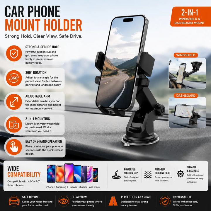 Auto Telefoonhouder met Zuignap – Dashboard & Voorruit Houder – 360° Draaibaar – Universeel-Ilumina Benelux