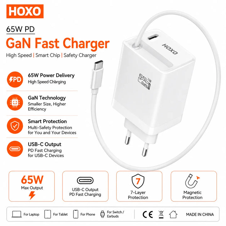 65W USB-C GaN Fast Charger met geïntegreerde kabel-Ilumina Benelux