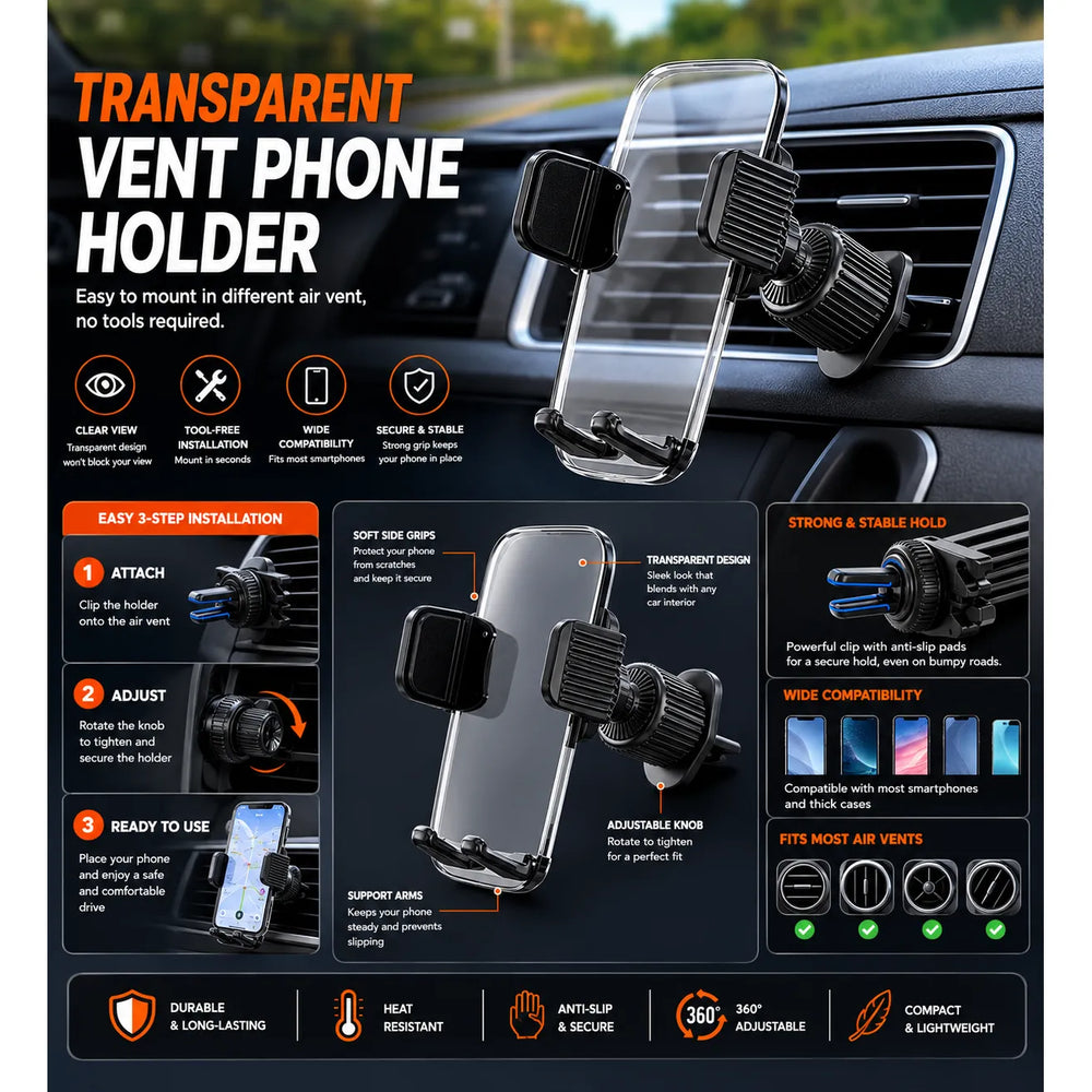 Auto Telefoonhouder – Luchtrooster – 360° Draaibaar – Transparant/Zwart-Ilumina Benelux