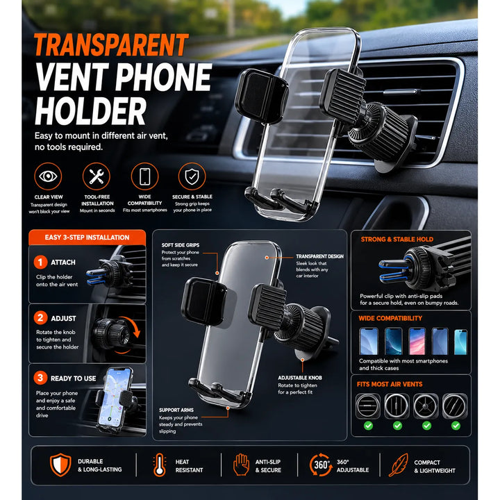 Auto Telefoonhouder – Luchtrooster – 360° Draaibaar – Transparant/Zwart-Ilumina Benelux