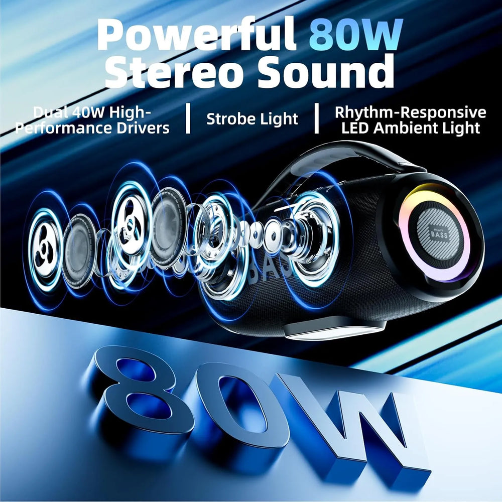 HEAVY BASS Bluetooth Speaker 80W – Draadloze Party Speaker – 10000mAh Batterij – RGB Verlichting – IPX6 Waterbestendig
