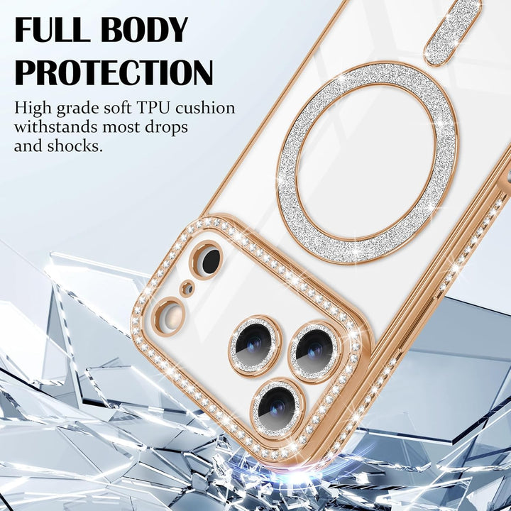 iPhone 17 Pro Hoesjes – MagSafe Glitter Backcover – Diamantjes – Glamour – Goud-Ilumina Benelux