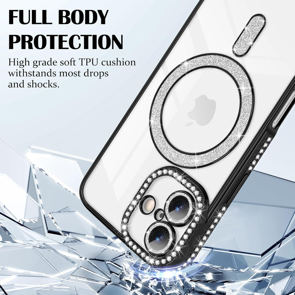 iPhone 17 Hoesjes – MagSafe Glitter Backcover – Diamantjes – Glamour – Zwart-Ilumina Benelux