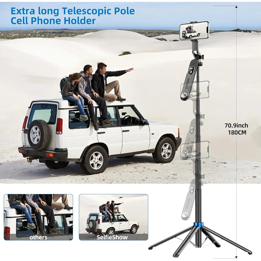 Selfie Stick & Statief met Afstandsbediening – 180 cm Uitschuifbaar – 3-in-1 Telefoonhouder – Geschikt voor iPhone, Android, Camera & GoPro – Zwart