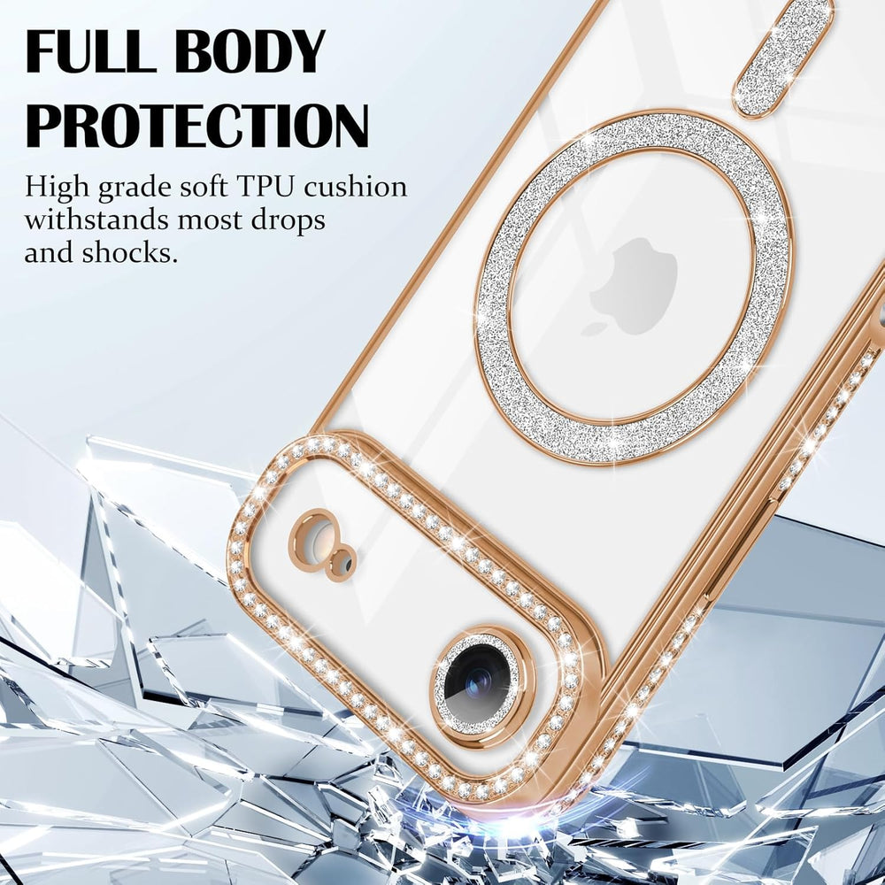 iPhone Air Hoesjes – MagSafe Glitter Backcover – Strass Diamantjes – Glamour – Goud-Ilumina Benelux