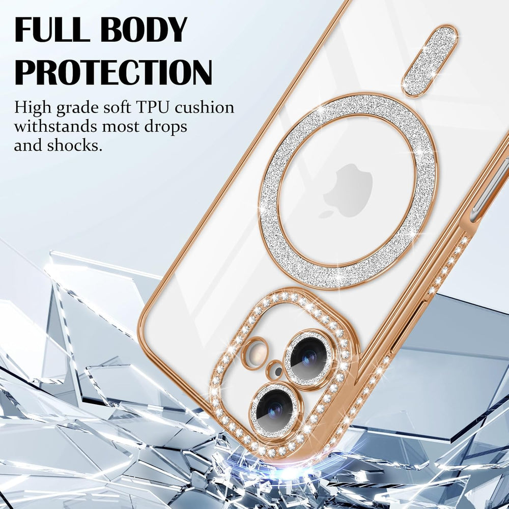 iPhone 17 Hoesjes – MagSafe Glitter Backcover – Diamantjes – Glamour – Goud-Ilumina Benelux