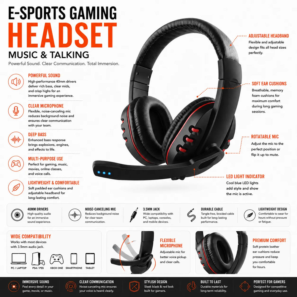 E-Sports Gaming Headset met Microfoon – Over-Ear Gaming Koptelefoon – 3.5mm Jack – Zwart/Rood-Ilumina Benelux