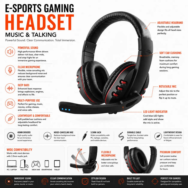 E-Sports Gaming Headset met Microfoon – Over-Ear Gaming Koptelefoon – 3.5mm Jack – Zwart/Rood-Ilumina Benelux