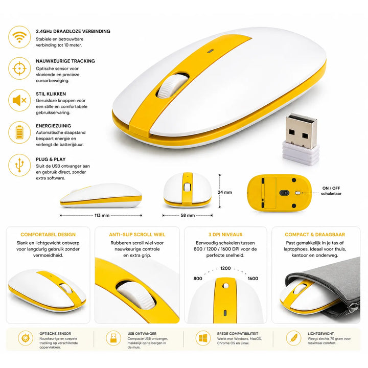 Draadloze Optische Muis 2.4GHz – 1600 DPI – USB Nano Ontvanger – Compact & Lichtgewicht – Geel-Ilumina Benelux