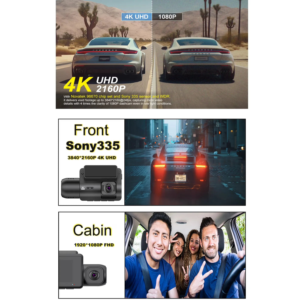 4K Dashcam Voorruit + Interieur Camera met GPS – 2160P Front & 1080P Cabin – WiFi App – Parkeermodus – 256GB Ondersteuning