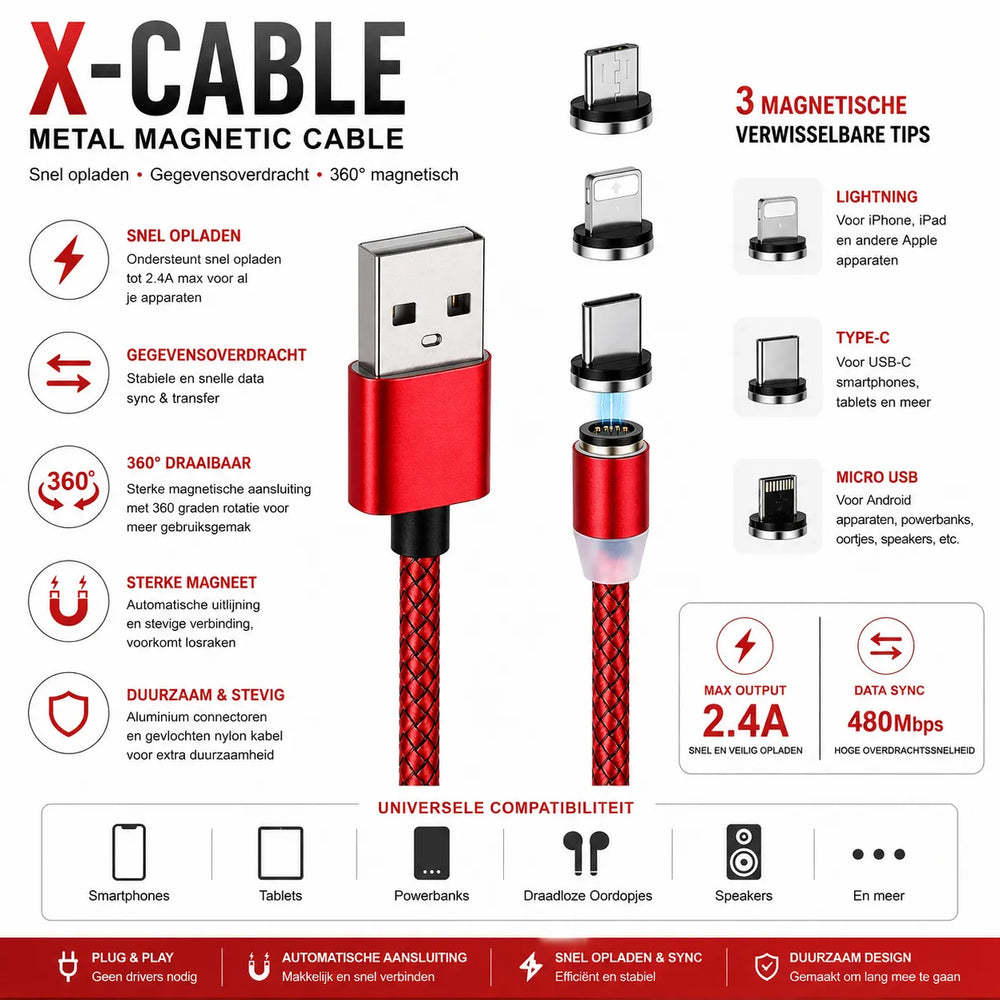 360° Magnetische Oplaadkabel – USB-A naar Lightning / Micro USB / USB-C – Magnetische Fast Charge Datakabel – Rood-Ilumina Benelux