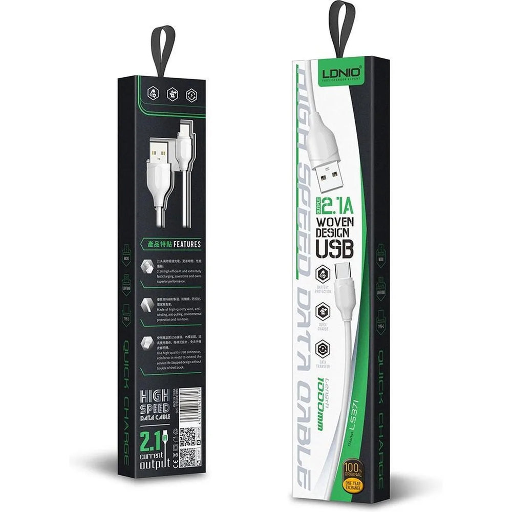 LDNIO LS371 USB-A naar Lightning Kabel – 1 Meter – 2.1A Snelladen – Wit-Ilumina Benelux