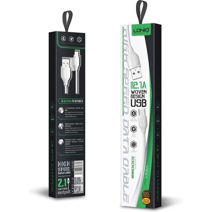 LDNIO LS371 USB-A naar Lightning Kabel – 1 Meter – 2.1A Snelladen – Wit-Ilumina Benelux