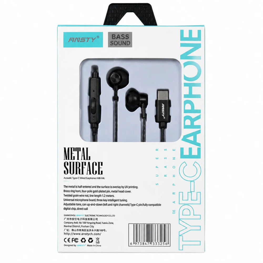 ANSTY E-025 USB-C Oordopjes met Microfoon – Super Bass Type-C Earphones – Metal Surface-Ilumina Benelux