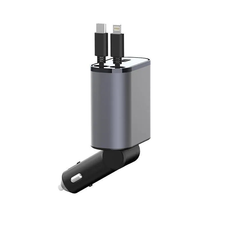 45W Fast Charge Autolader met Oprolbare USB-C & Lightning Kabel USB-C + USB-A-Ilumina Benelux