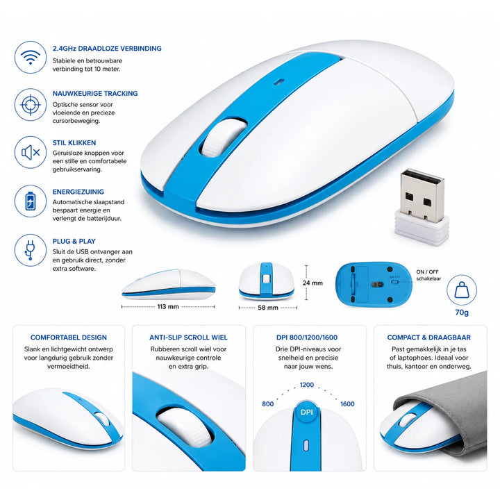 Draadloze Optische Muis 2.4GHz – 1600 DPI – USB Nano Ontvanger – Compact & Lichtgewicht – Blauw-Ilumina Benelux