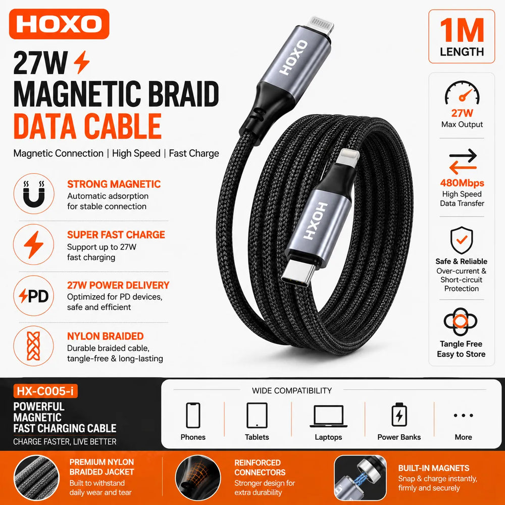 Magnetic Braid Lightning Data Kabel 27W 1 Meter-Ilumina Benelux