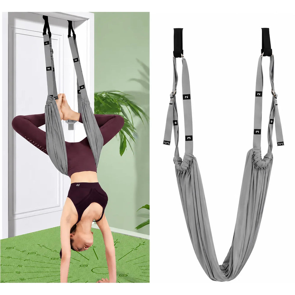 Yoga Hangmat met Deuranker – Stretchband voor Yoga, Pilates & Fitness – Aerial Yoga Trainer – Verstelbare Yogariem – Grijs-Ilumina Benelux