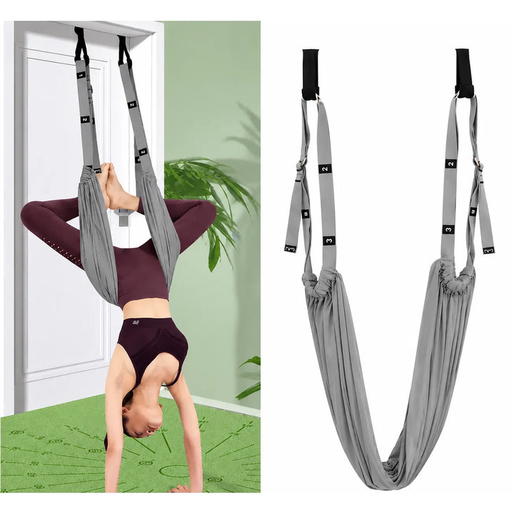 Yoga Hangmat met Deuranker – Stretchband voor Yoga, Pilates & Fitness – Aerial Yoga Trainer – Verstelbare Yogariem – Grijs-Ilumina Benelux