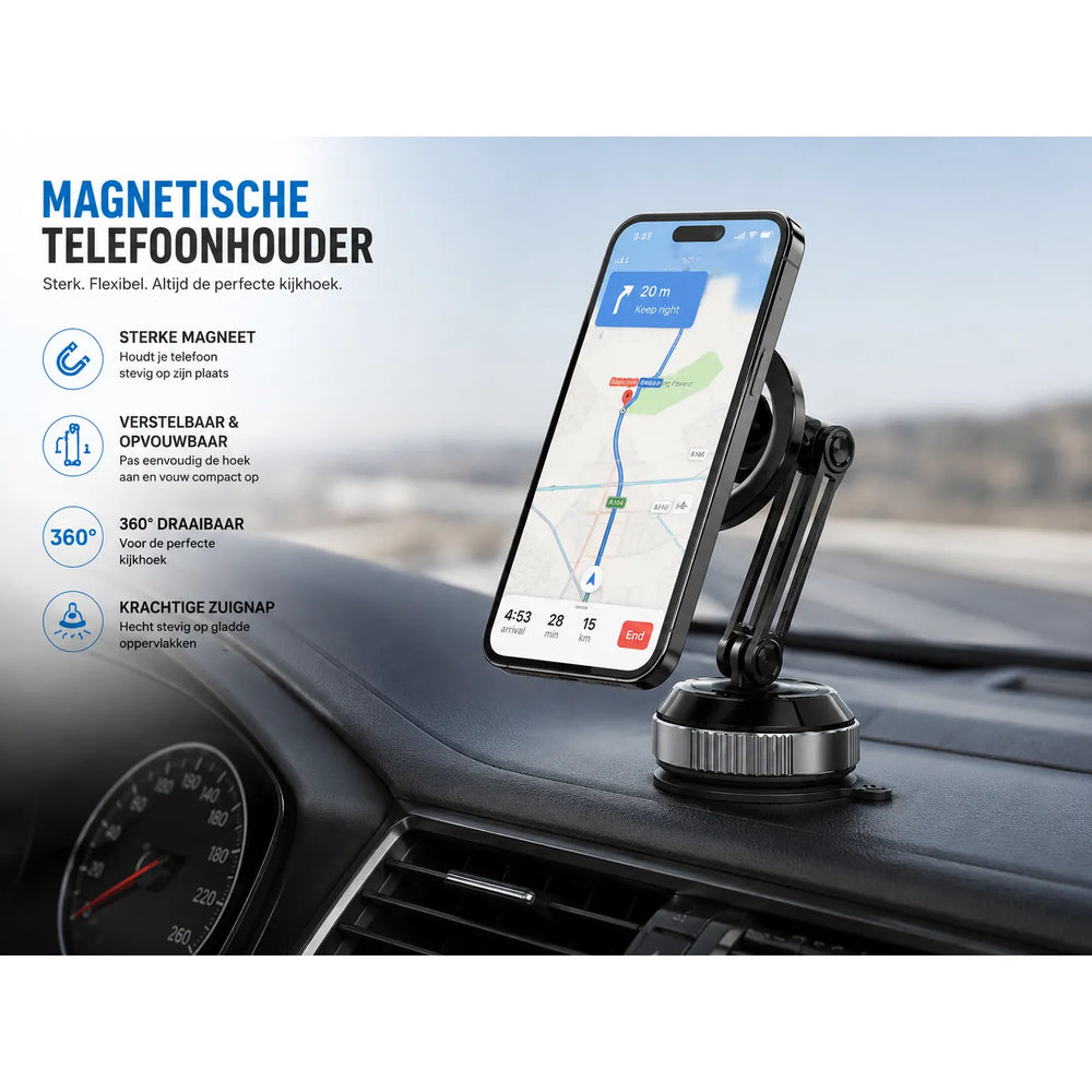 MagSafe Vacuüm Telefoonhouder – Sterke Zuignap – 360° Draaibaar – Opvouwbaar – Dashboard, Bureau & Ramen – Zwart