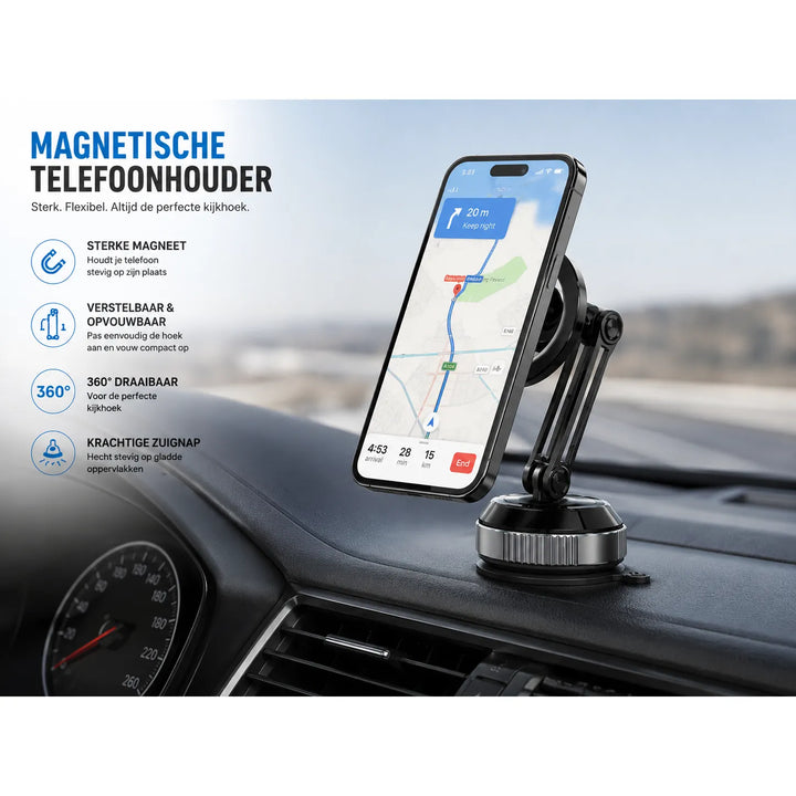 MagSafe Vacuüm Telefoonhouder – Sterke Zuignap – 360° Draaibaar – Opvouwbaar – Dashboard, Bureau & Ramen – Zwart