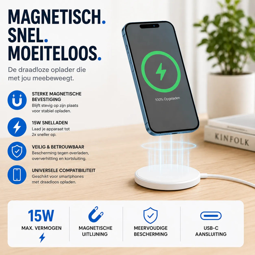 Magnetische Draadloze Oplader 15W – Geschikt voor MagSafe iPhone 17 / 16 / 15 / 14 / 13 / 12 Series – AirPods – Apple Watch – USB-C – Wit-Ilumina Benelux