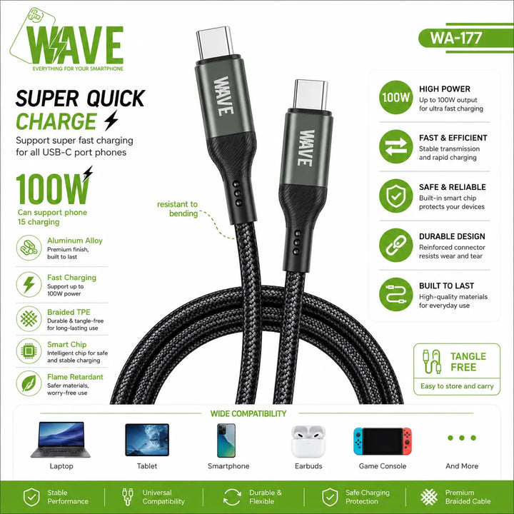 USB-C naar USB-C Kabel 100W Power Delivery 1 Meter Gevlochten Snellaadkabel Zwart-Ilumina Benelux