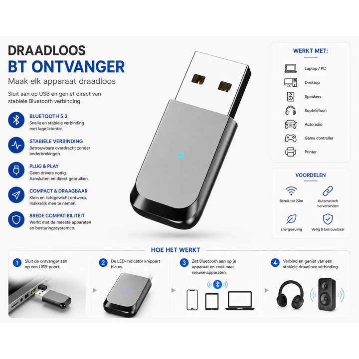 USB Bluetooth Audio Receiver 5.3 – Draadloze Audio Ontvanger voor Autoradio, Speakers & Stereo Installatie – Plug & Play-Ilumina Benelux