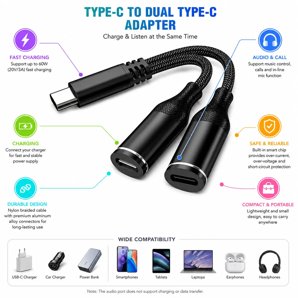 USB-C naar Dual USB-C Adapter – 60W Snelladen & Audio Adapter – Opladen en Luisteren Tegelijk