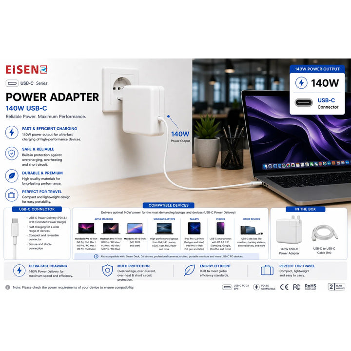 140W USB-C MacBook Oplader – USB-C Power Adapter – Snellader voor MacBook Pro 16 Inch, MacBook Air, iPad & USB-C Apparaten-Ilumina Benelux